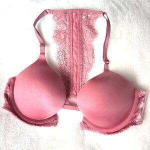 size 32A Victorias Secret Bombshell Plunge Bra Lace back front close mauve Pink